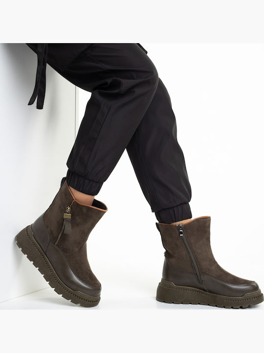 Leder Damen Stiefeletten mit Plattform & Pelz Grüne
