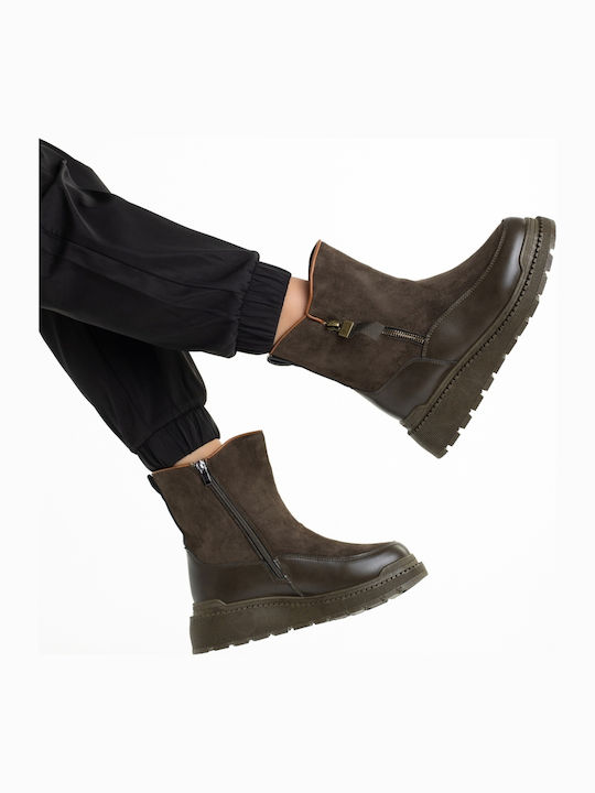 Leder Damen Stiefeletten mit Plattform & Pelz Grüne