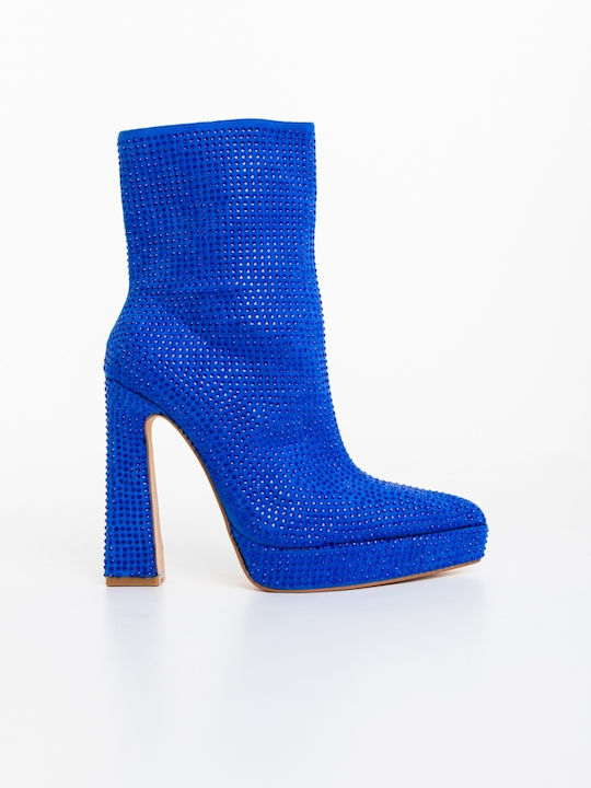 Ghete Dama Ankle Boots cu Toc Înalt Albastre