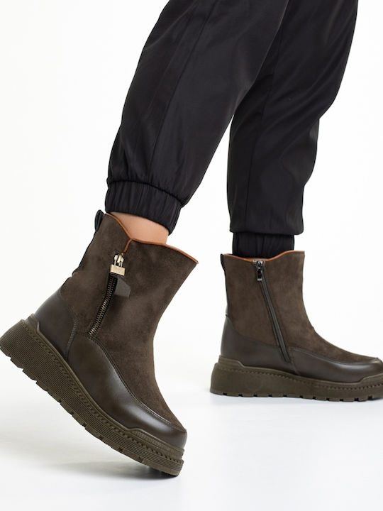Leder Damen Stiefeletten mit Plattform & Pelz Grüne