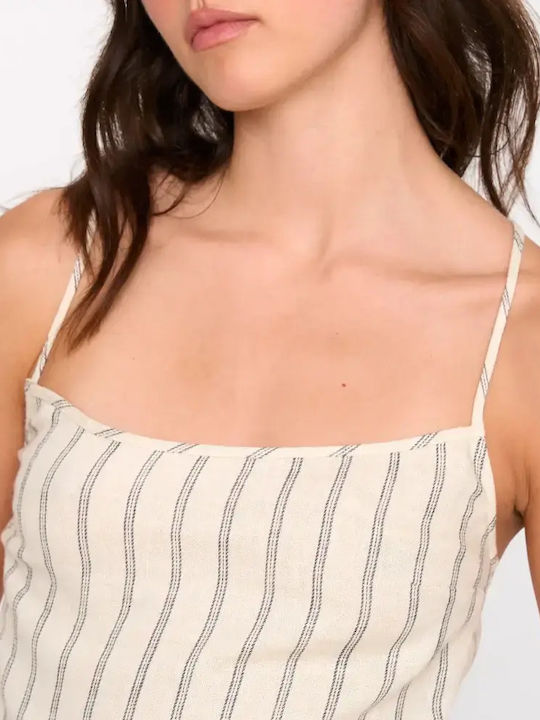 Women's Summer Linen Blouse with Spaghetti Straps and Zipper Striped Cream
