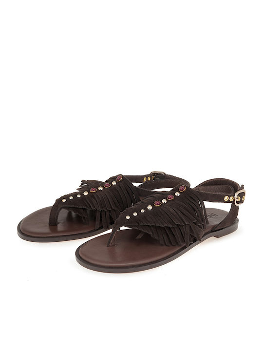Leather Women's Flat Sandals Brown