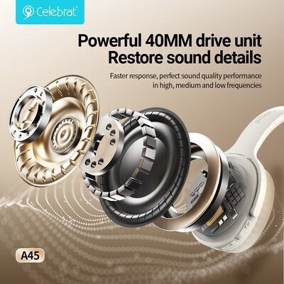 Celebrat A45-BK Wireless / Wired Over Ear Headphones with 16 Hours Playing Time Black