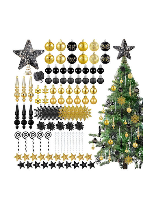 Set 104 Christmas Tree Ornaments Black Gold Baubles 3-20 Cm