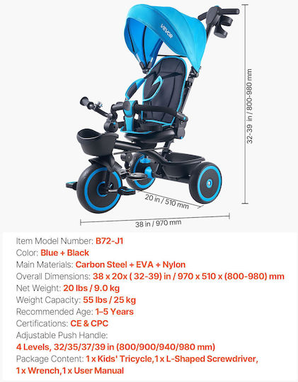 Vevor Toddler Convertible with Parental Handle 6 in 1 for 1-5 Years Blue