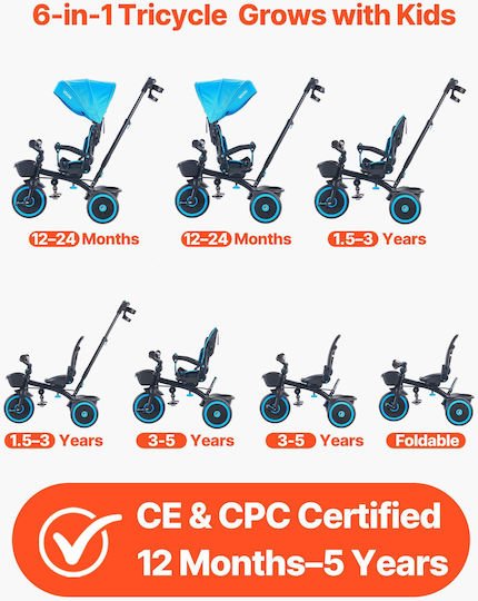 Vevor Toddler Convertible with Parental Handle 6 in 1 for 1-5 Years Blue