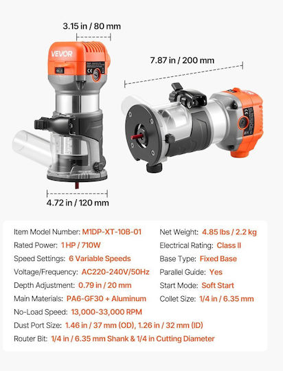 Vevor YXKBJGDSDZJSRZTKS001V2 Trim Router 710W with Speed Setting and with Dust Suction System