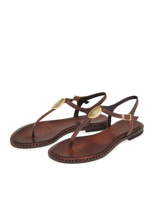 Leather Women's Flat Sandals Brown Gold