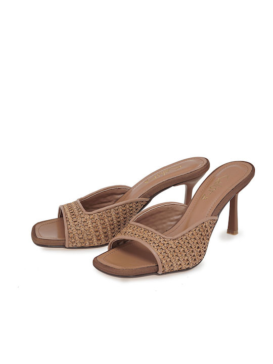 Leder Damen Pantoletten mit Absatz in Tabac Braun Farbe