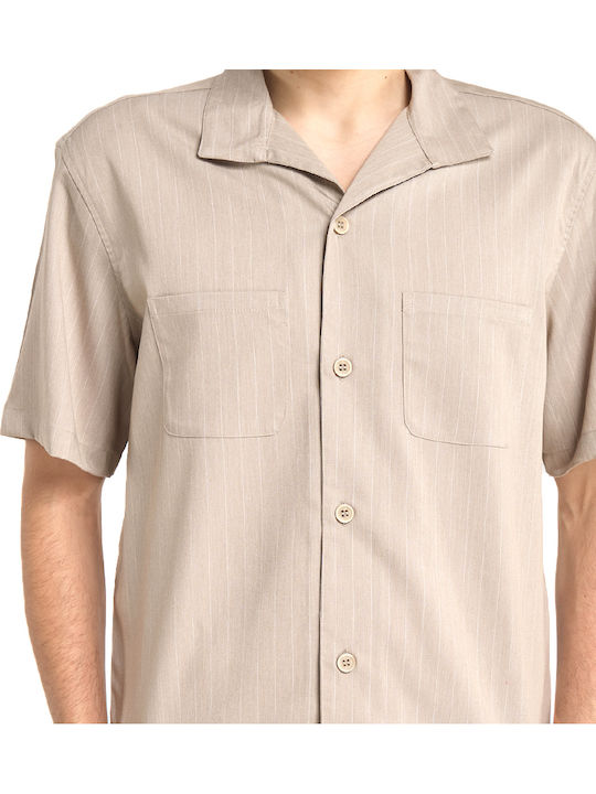 Short Sleeve Denim Shirt Regular Fit Striped White-Beige