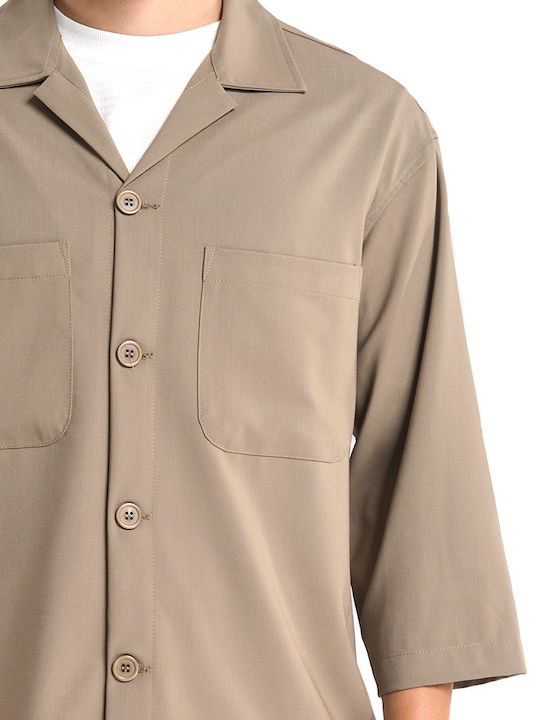 Μακρυμάνικo Τζιν Overshirt σε Κανονική Γραμμή Μπεζ