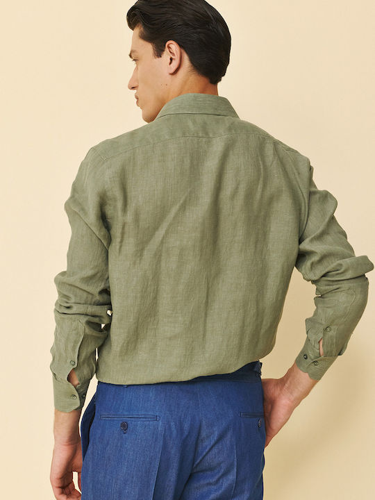 Long Sleeve Linen Shirt in Regular Fit Khaki