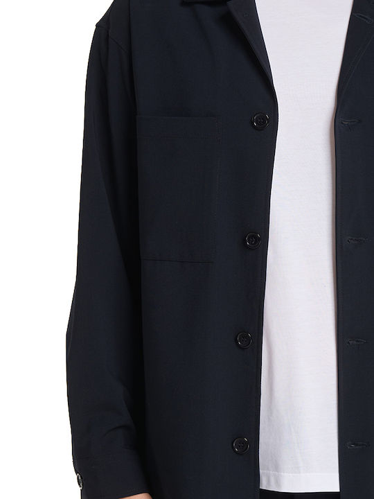 Μακρυμάνικo Overshirt σε Κανονική Γραμμή Navy Μπλε