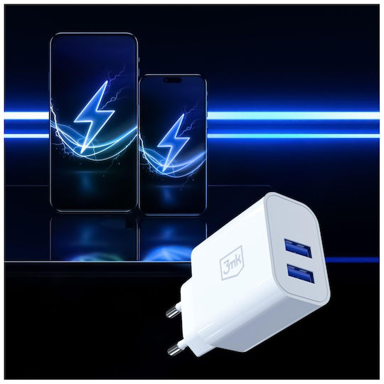 3MK Charger with Integrated Cable with 2 USB-A Ports 10W White (FlowPower)