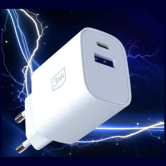3MK Φορτιστής Χωρίς Καλώδιο με Θύρα USB-A και Θύρα USB-C 30W Power Delivery / Quick Charge 4+ Λευκός (FlowPower)