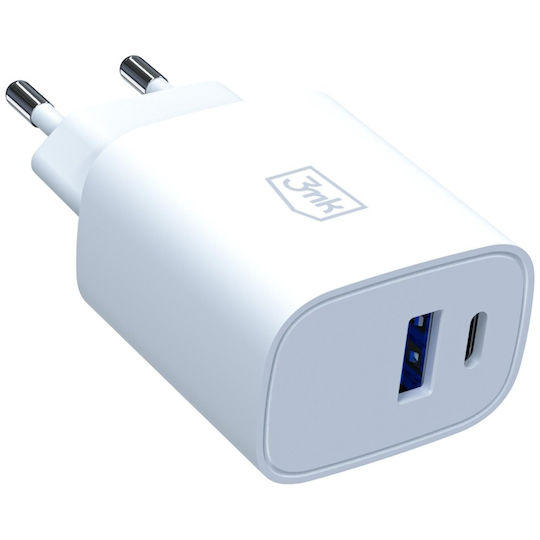 3MK Φορτιστής Χωρίς Καλώδιο με Θύρα USB-A και Θύρα USB-C 25W Power Delivery / Quick Charge 4+ Λευκός (FlowPower)