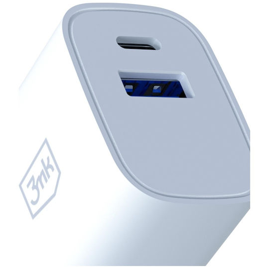 3MK Φορτιστής Χωρίς Καλώδιο με Θύρα USB-A και Θύρα USB-C 25W Power Delivery / Quick Charge 4+ Λευκός (FlowPower)