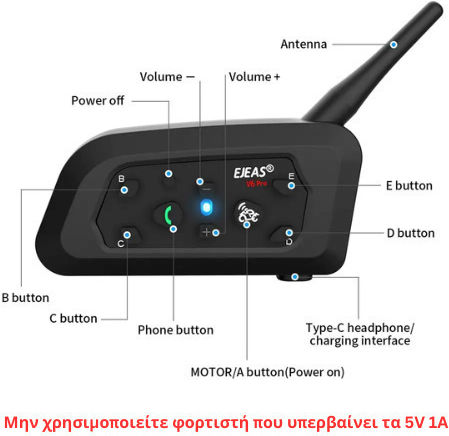 EJEAS V6 PRO+ & EUC Einzelne Gegensprechanlage für Helm Motorrad mit Bluetooth