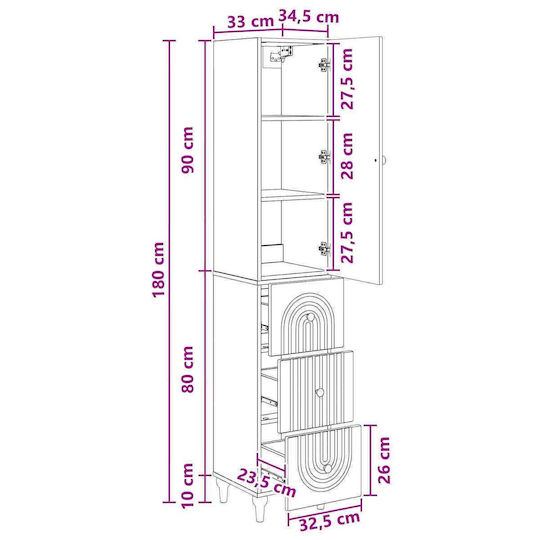 vidaXL Bathroom Column Cabinet Wall Hung M33xD34.5xH90cm Brown