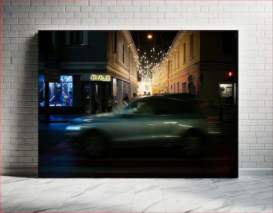 Night Street Scene With Lights And Car Νυχτερινή Σκηνή Δρόμου Με Φώτα Και Αυτοκίνητο σε Καμβά