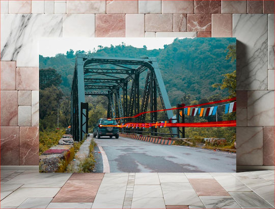 Car Crossing Bridge In Scenic Landscape Γέφυρα Διέλευσης Αυτοκινήτου Σε Γραφικό Τοπίο σε Καμβά