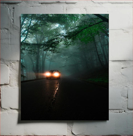 Car On A Foggy Forest Road Αυτοκίνητο Σε Έναν Ομιχλώδη Δασικό Δρόμο σε Καμβά