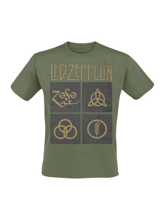 Rock Off Gold Symbols In Black Square T-shirt Led Zeppelin Χακί Βαμβακερό