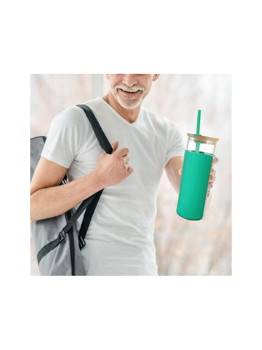 Water Glass in Green Colour with Straw 450ml