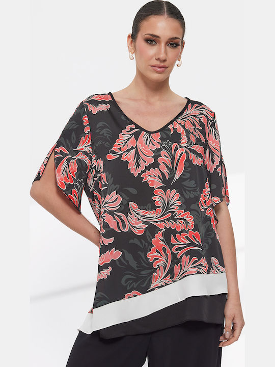 Women's Blouse with V-Neckline Black Floral