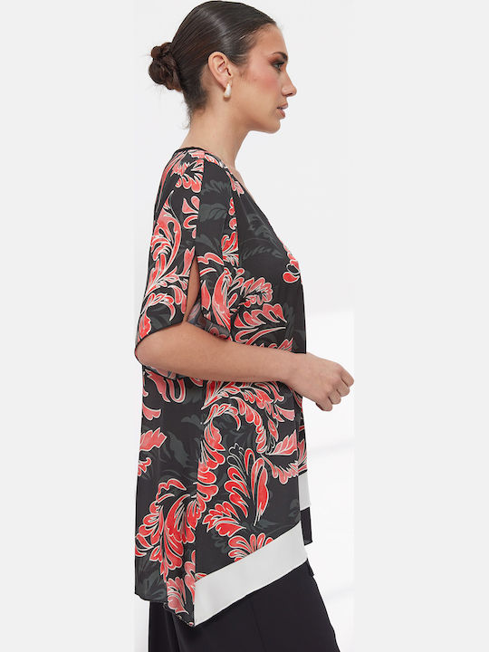Women's Blouse with V-Neckline Black Floral