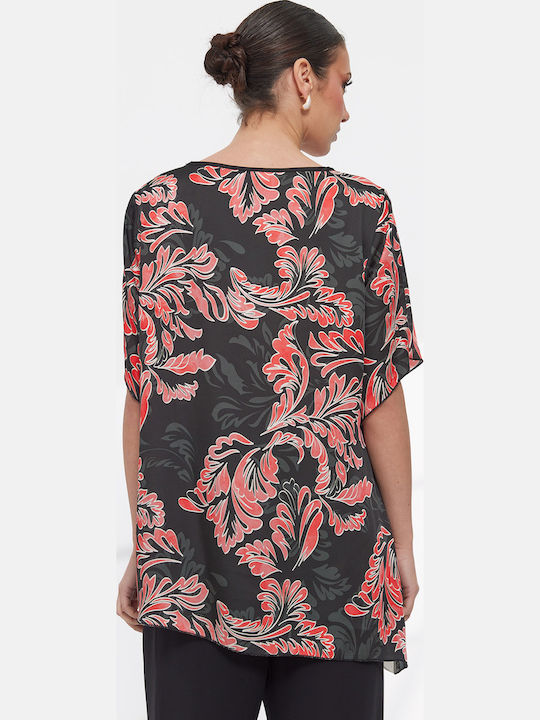 Women's Blouse with V-Neckline Black Floral