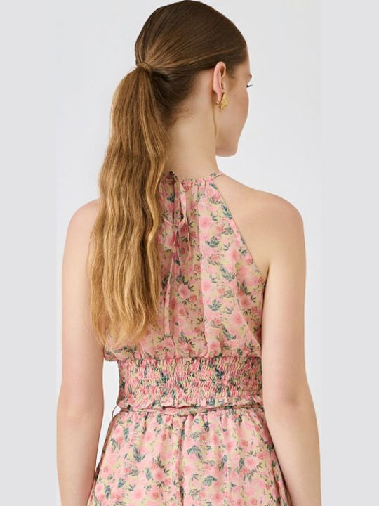 Γυναικείο Crop Top Αμάνικο με Δέσιμο στο Λαιμό Floral Ροζ