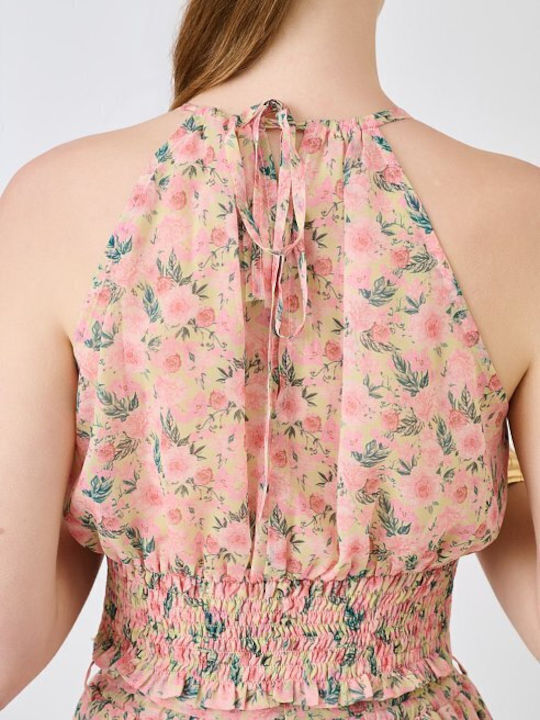 Γυναικείο Crop Top Αμάνικο με Δέσιμο στο Λαιμό Floral Ροζ