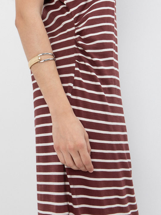 Summer Midi Dress with Tearing Striped Brown