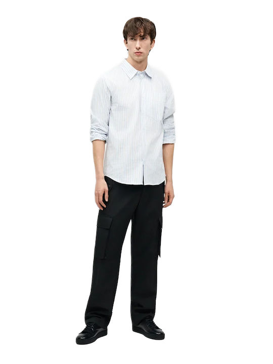 Short Sleeve Denim Shirt in Regular Fit Striped White-Light Blue