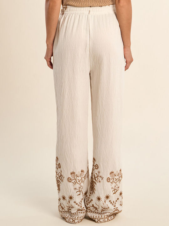 Women's Fabric Trousers in Wide Leg Style Ecru