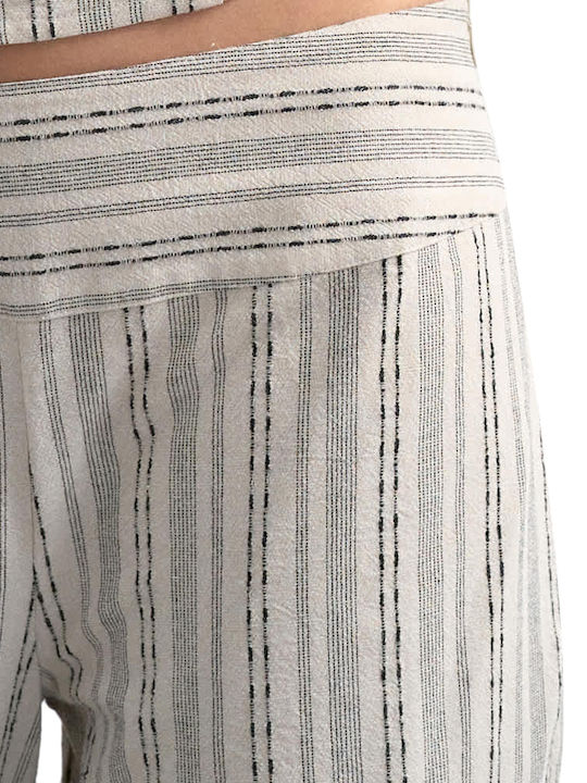 Women's Fabric Trousers in Straight Leg Style Striped Black-Beige