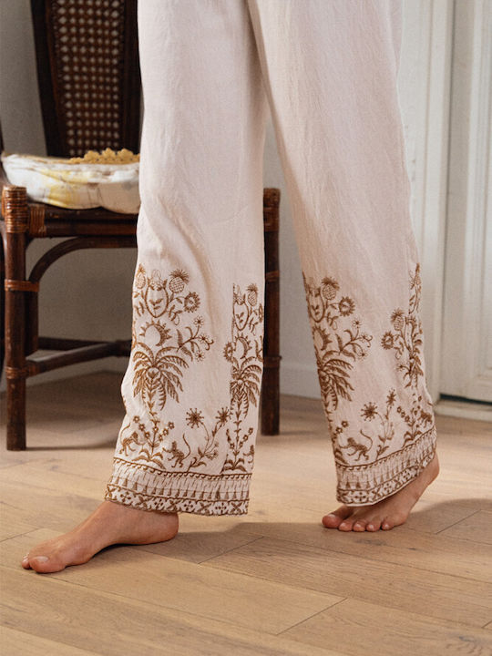 Women's Fabric Trousers in Wide Leg Style Ecru