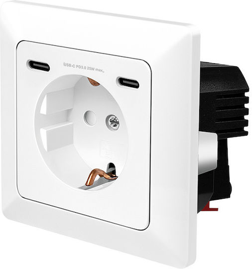 Priză Electrică De Perete Schuko X 1 2x Usb-c Pd 25w 230v Ac 50 Hz 16a Ip20 Protecție 29,5mm Adâncime Alb