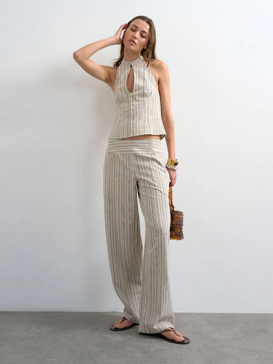 Women's Fabric Trousers in Straight Leg Style Striped Black-Beige