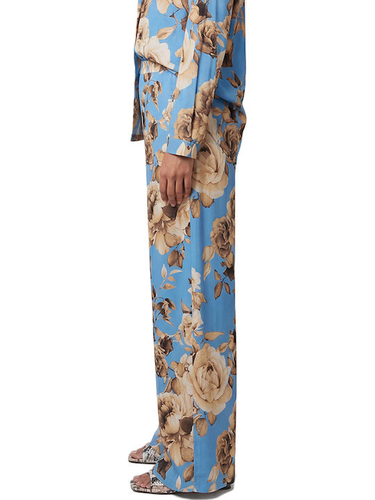 Women’s High Rise Satin Pantaloons with Rubber Band in Wide Leg Style Floral Beige-Blue