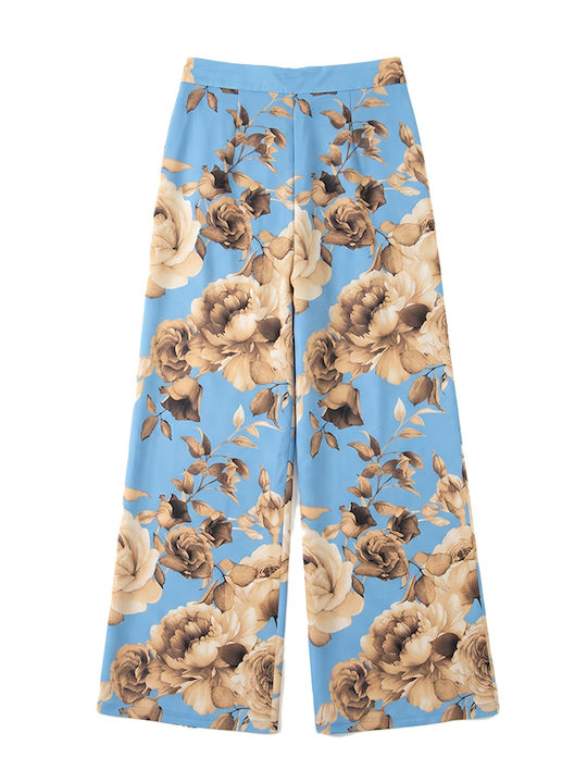 Women’s High Rise Satin Pantaloons with Rubber Band in Wide Leg Style Floral Beige-Blue