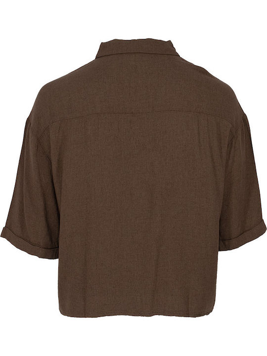 Short Sleeve Women's Linen Shirt Brown