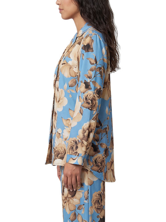 Long Sleeve Women's Silky Shirt Beige- Sky Blue