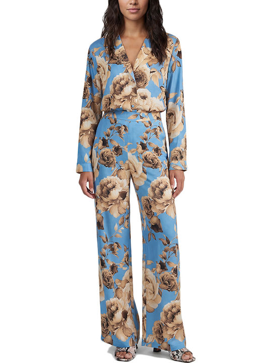 Long Sleeve Women's Silky Shirt Beige- Sky Blue
