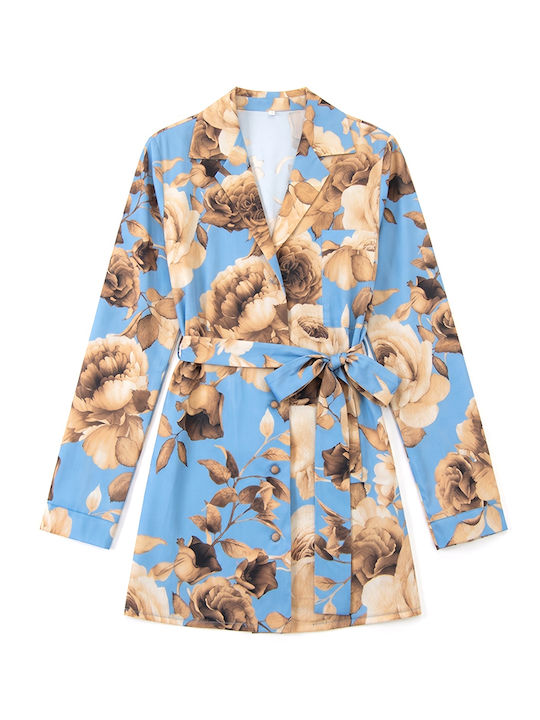 Long Sleeve Women's Silky Shirt Beige- Sky Blue