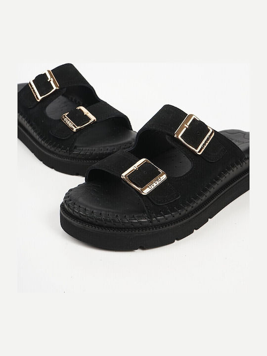 Δερμάτινα Γυναικεία Ανατομικά Σανδάλια Flatforms Μαύρα