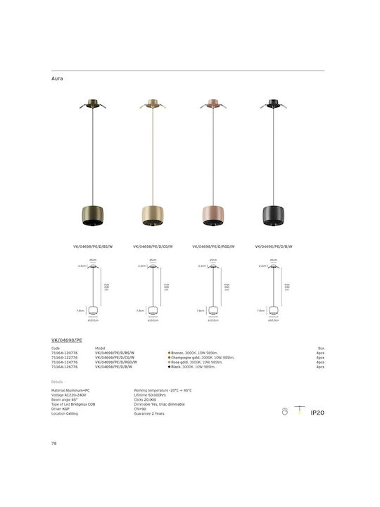 VK Lighting Κρεμαστό Φωτιστικό Χρυσό LED με Θερμό Λευκό Φως