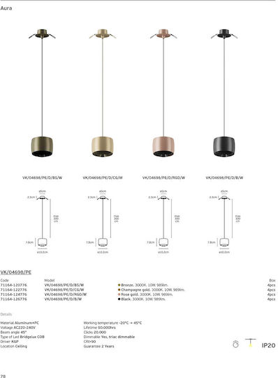 VK Lighting Ceiling Pendant Light Rose Gold LED With Warm White Light 10cm
