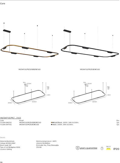 VK Lighting Pendant Ceiling Light Gold LED with Warm White Light